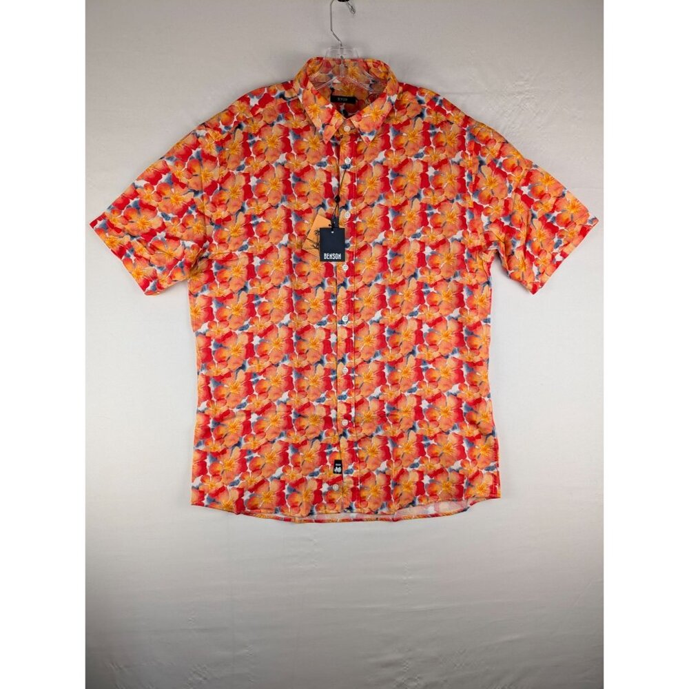 Benson Shirt Mens Large‎ Orange Flowers Floral Champlain Short Sleeve Button Up